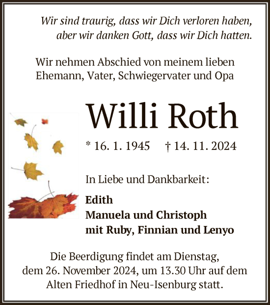 Traueranzeige von Willi Roth von OF