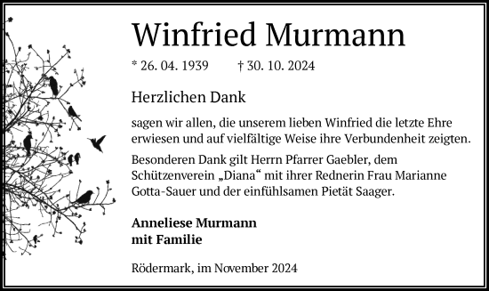 Traueranzeige von Winfried Murmann von OF