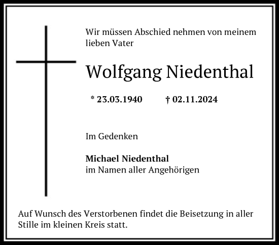 Traueranzeige von Wolfgang Niedenthal von OF