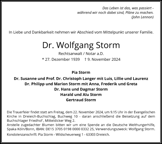 Traueranzeige von Wolfgang Storm von OF