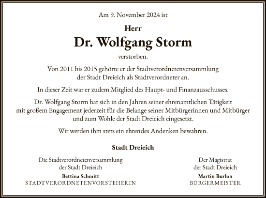 Traueranzeige von Wolfgang Storm von OF