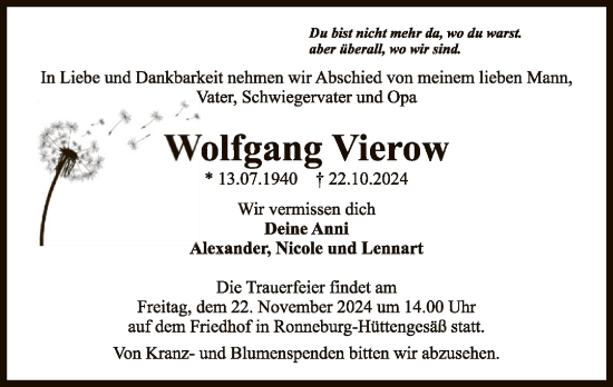 Traueranzeige von Wolfgang Vierow von OF