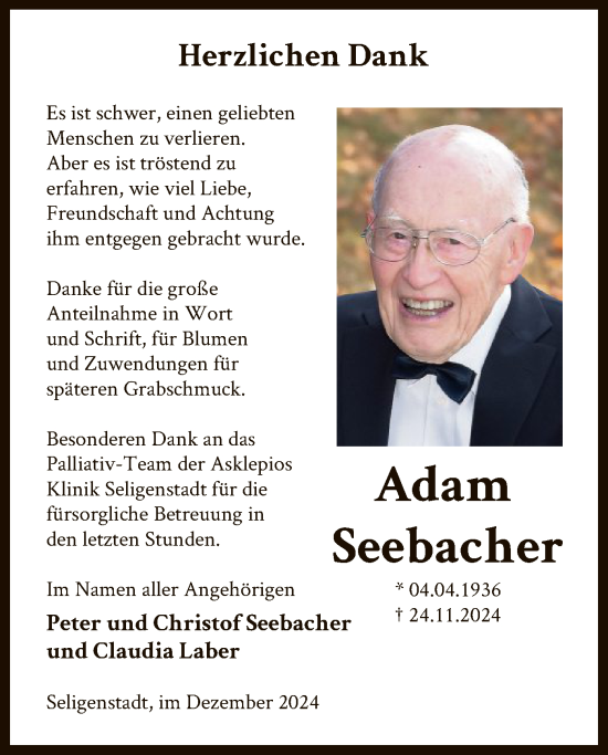 Traueranzeige von Adam Seebacher von OF