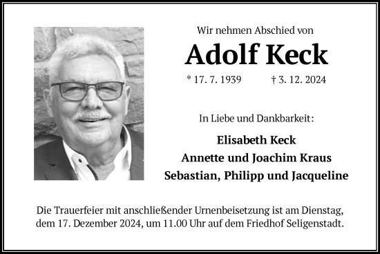 Traueranzeige von Adolf Keck von OF