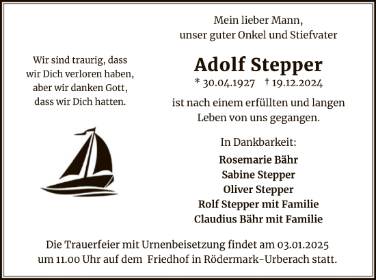 Traueranzeige von Adolf Stepper von OF