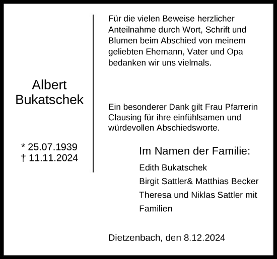 Traueranzeige von Albert Bukatschek von OF