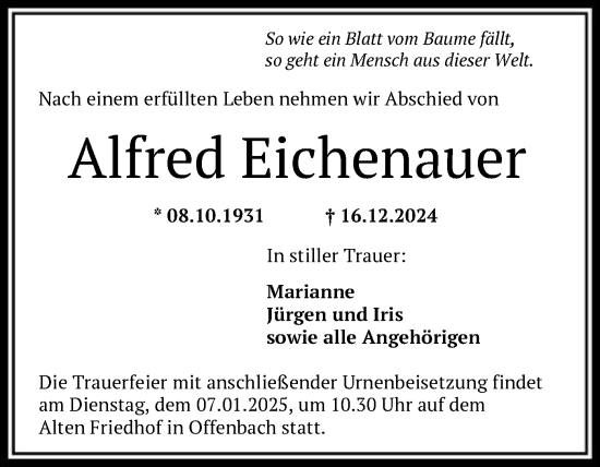 Traueranzeige von Alfred Eichenauer von OF