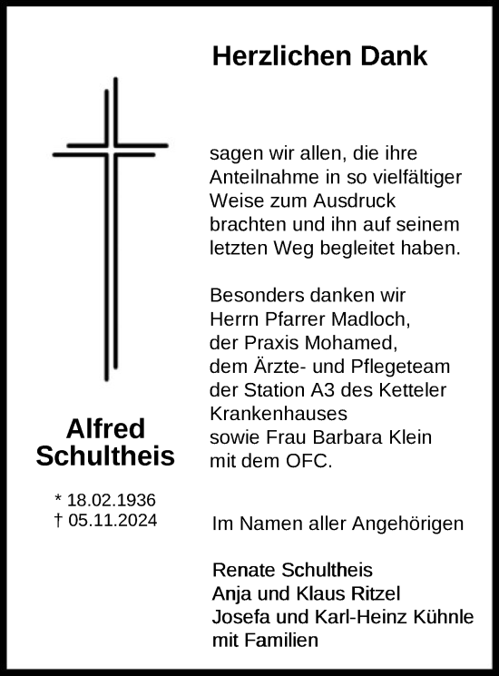 Traueranzeige von Alfred Schultheis von OF