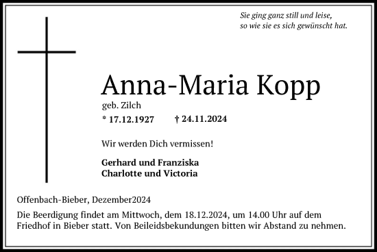 Traueranzeige von Anna-Maria Kopp von OF