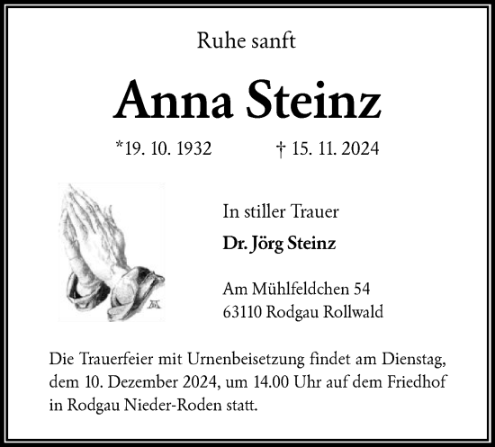 Traueranzeige von Anna Steinz von OF