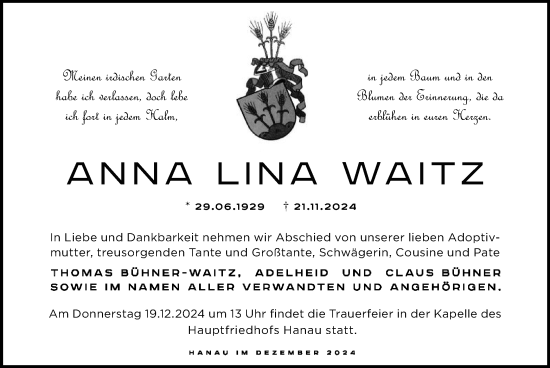 Traueranzeige von Anna Lina Waitz von OF