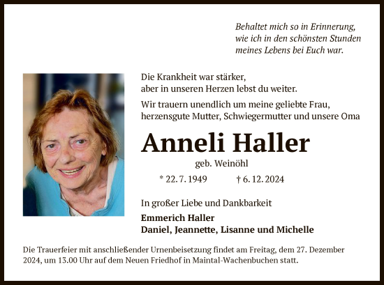 Traueranzeige von Anneli Haller von OF