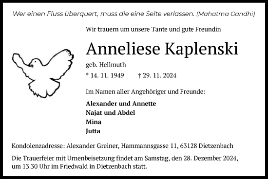 Traueranzeige von Anneliese Kaplenski von OF