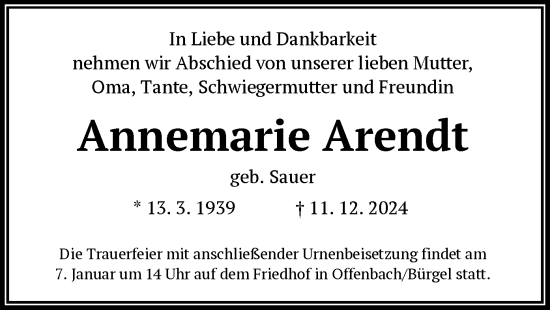 Traueranzeige von Annemarie Arendt von OF