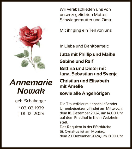 Traueranzeige von Annemarie Nowak von OF