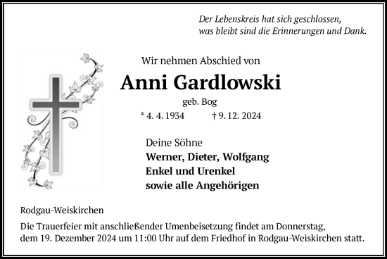 Traueranzeige von Anni Gardlowski von OF