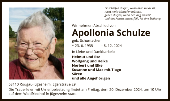 Traueranzeige von Apollonia Schulze von OF