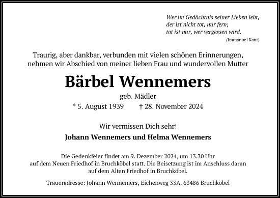 Traueranzeige von Bärbel Wennemers von OF