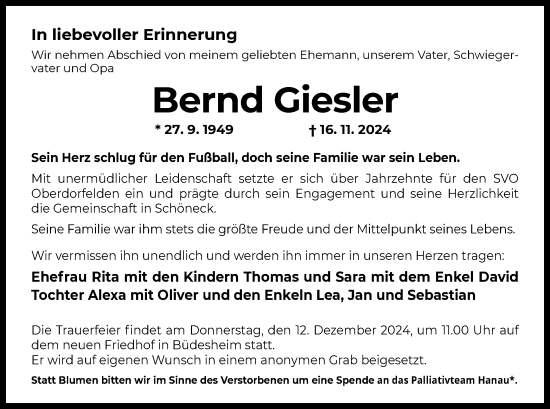 Traueranzeige von Bernd Giesler von OF