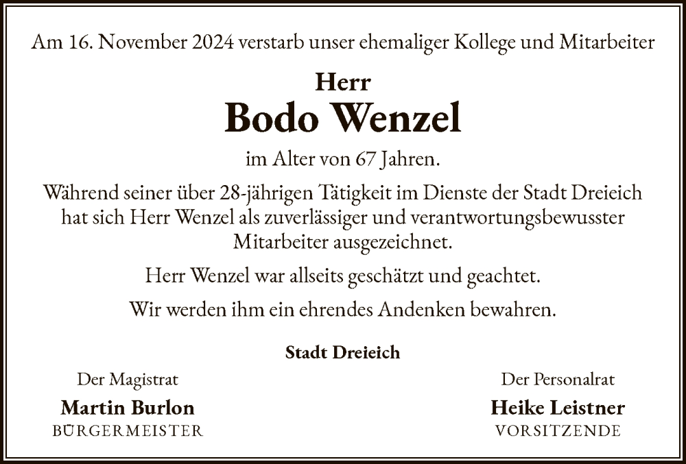  Traueranzeige für Bodo Wenzel vom 07.12.2024 aus OF