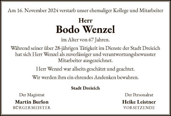 Traueranzeige von Bodo Wenzel von OF