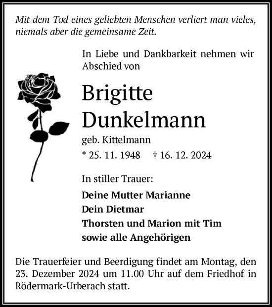 Traueranzeige von Brigitte Dunkelmann von OF