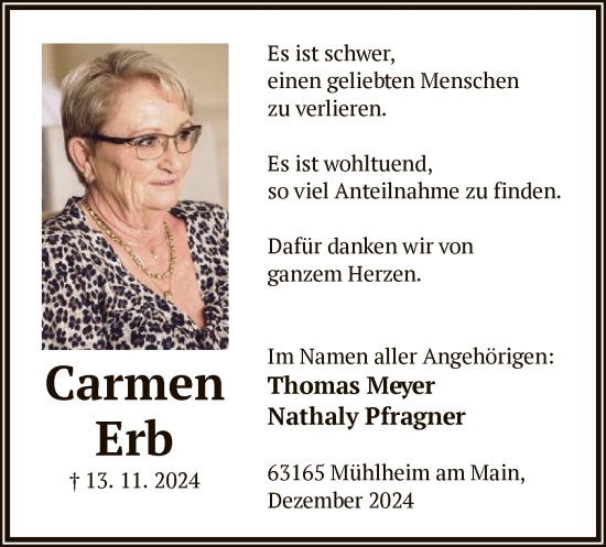 Traueranzeige von Carmen Erb von OF