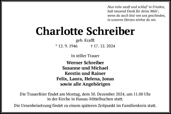 Traueranzeige von Charlotte Schreiber von OF