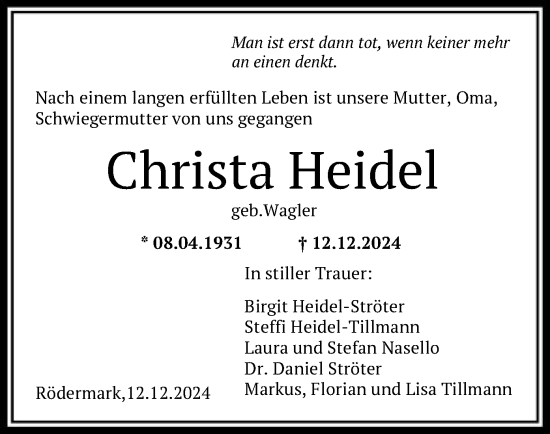 Traueranzeige von Christa Heidel von OF