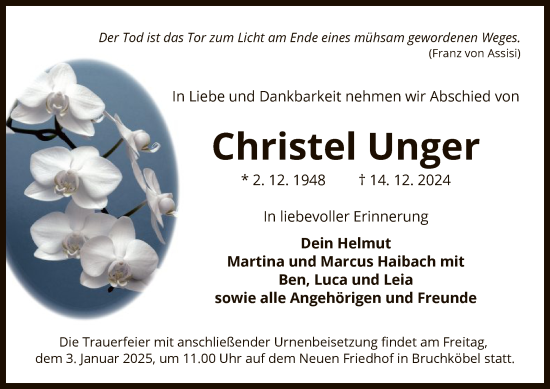 Traueranzeige von Christel Unger von OF