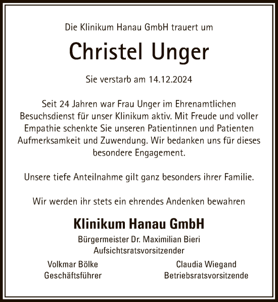 Traueranzeige von Christel Unger von OF