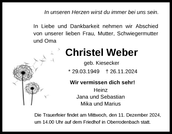 Traueranzeige von Christel Weber von OF