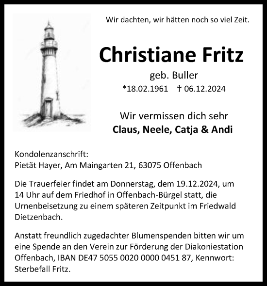 Traueranzeige von Christiane Fritz von OF