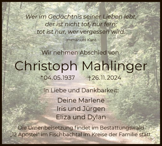 Traueranzeige von Christoph Mahlinger von OF