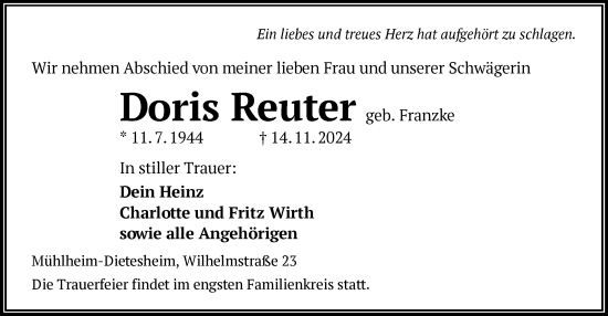 Traueranzeige von Doris Reuter von OF