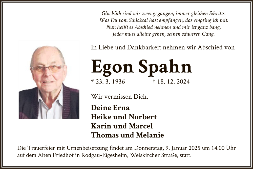  Traueranzeige für Egon Spahn vom 28.12.2024 aus OF