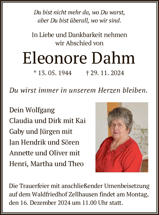 Traueranzeige von Eleonore Dahm von OF