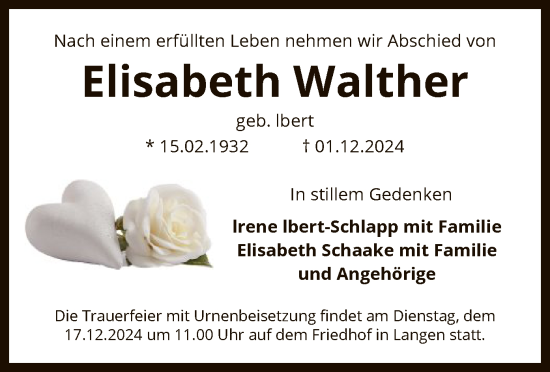 Traueranzeige von Elisabeth Walther von OF