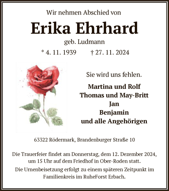 Traueranzeige von Erika Ehrhard von OF