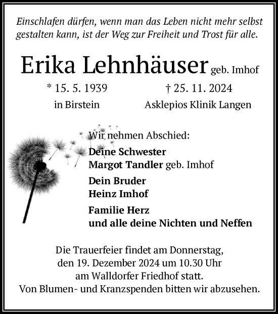 Traueranzeige von Erika Lehnhäuser von OF