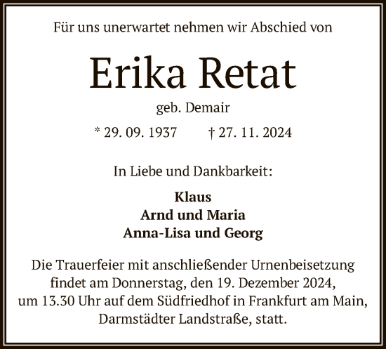 Traueranzeige von Erika Retat von OF