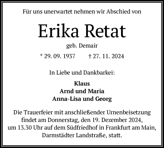 Traueranzeige von Erika Retat von OF