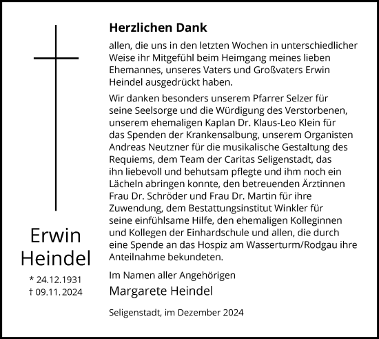 Traueranzeige von Erwin Heindel von OF