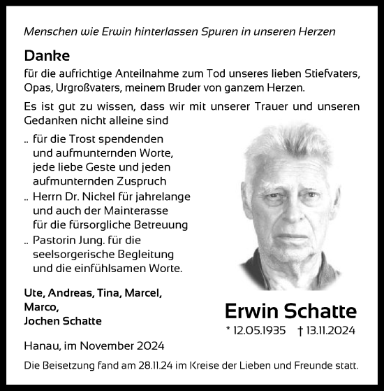 Traueranzeige von Erwin Schatte von OF