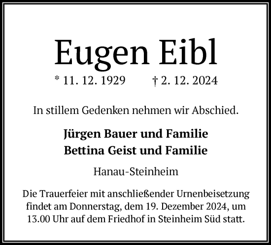 Traueranzeige von Eugen Eibl von OF