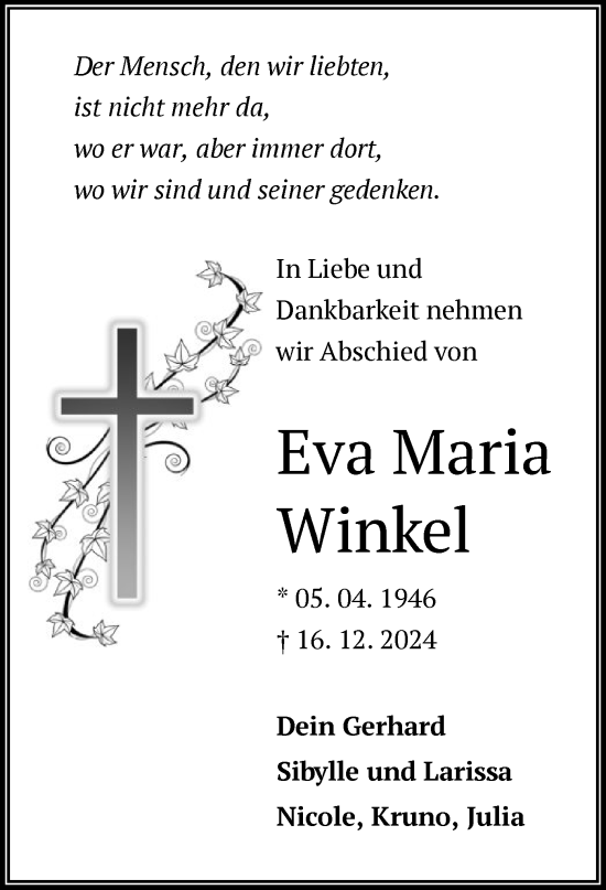 Traueranzeige von Eva Maria Winkel von OF