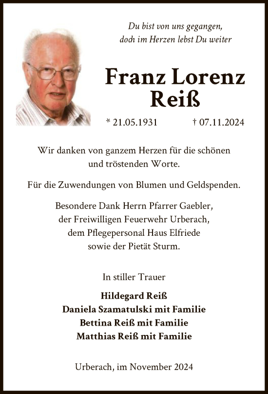 Traueranzeige von Franz Lorenz Reiß von OF