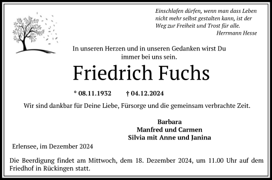 Traueranzeige von Friedrich Fuchs von OF