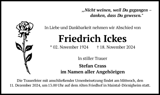 Traueranzeige von Friedrich Ickes von OF