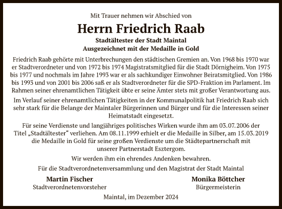 Traueranzeige von Friedrich Raab von OF